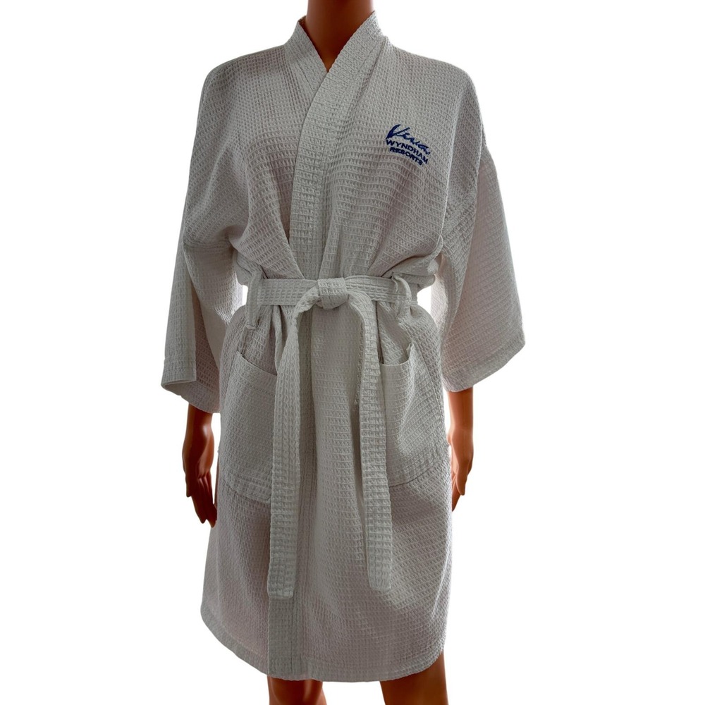 Viva Wyndham Resorts White Waffle Knit Bathrobe Sola Textil Kimono Spa Robe
